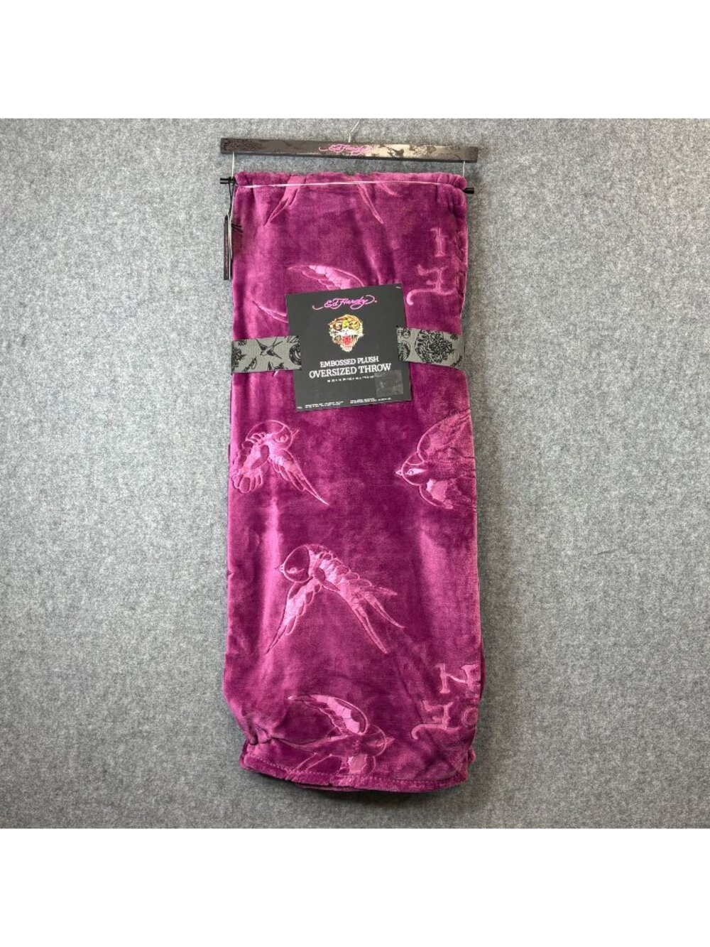 Ed Hardy Embossed Plush Oversized Throw Purple 60 x 70 Blanket Soft Cozy - NEW